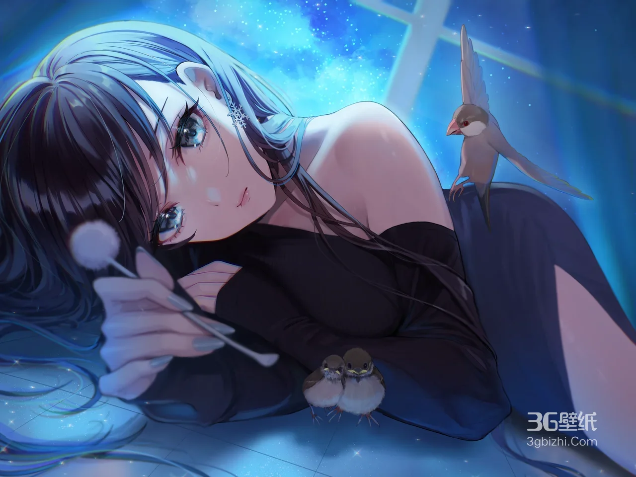 星空下的黑发少女与肩头飞鸟1