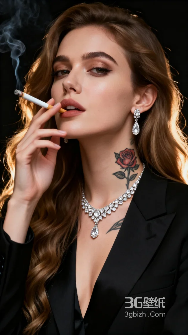 魅力吸烟女性 玫瑰纹身钻石首饰黑色西装1