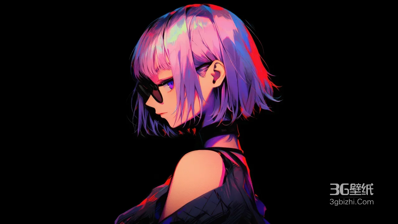 赛博朋克霓虹紫发墨镜少女侧脸1