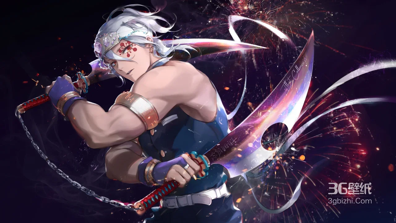 白发红眼武士《鬼灭之刃》中的宇髄天元持双刀烟花场景动漫插画1