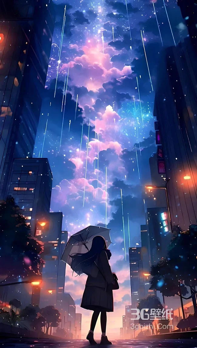 雨夜城市星空下撑伞少女仰望流星1