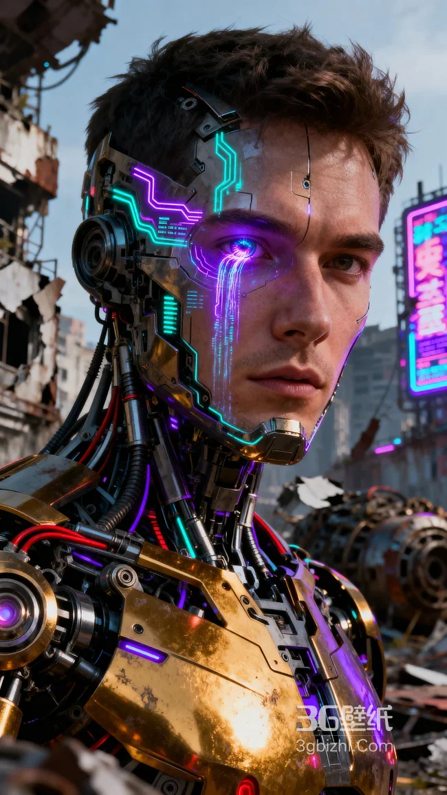 赛博朋克机械人废墟城市霓虹特写1