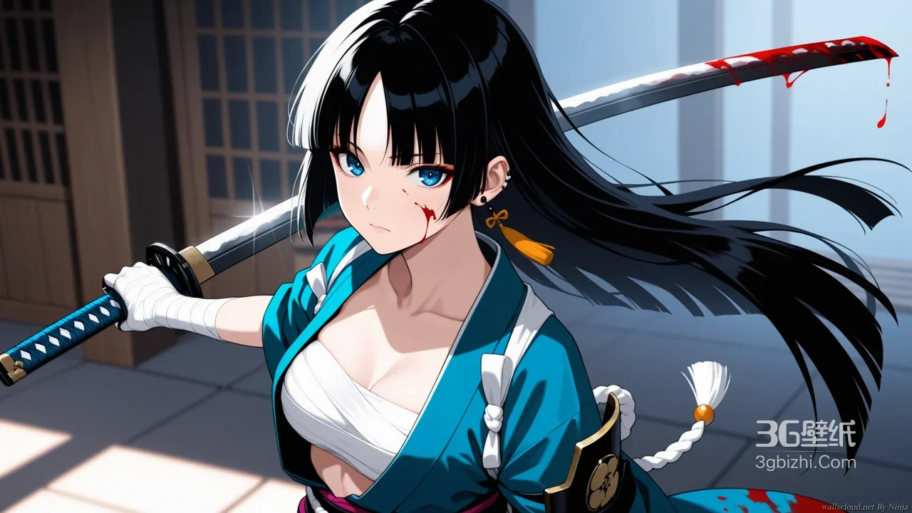 黑发武士少女持太刀立日式庭前1
