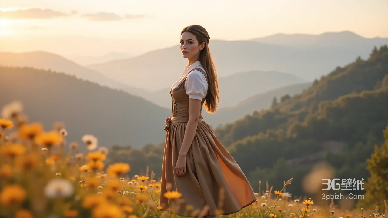 夕阳花田少女与远山风光1