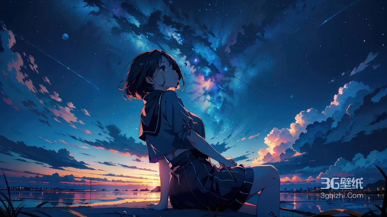星空晚霞 水边少女凝望绚烂天景1