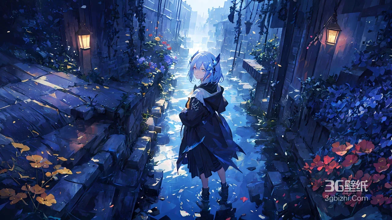 蓝发少女雨夜小巷灯笼花二次元场景1