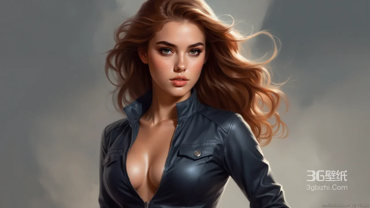 棕发皮衣女性侧身肖像飘逸长发高清1