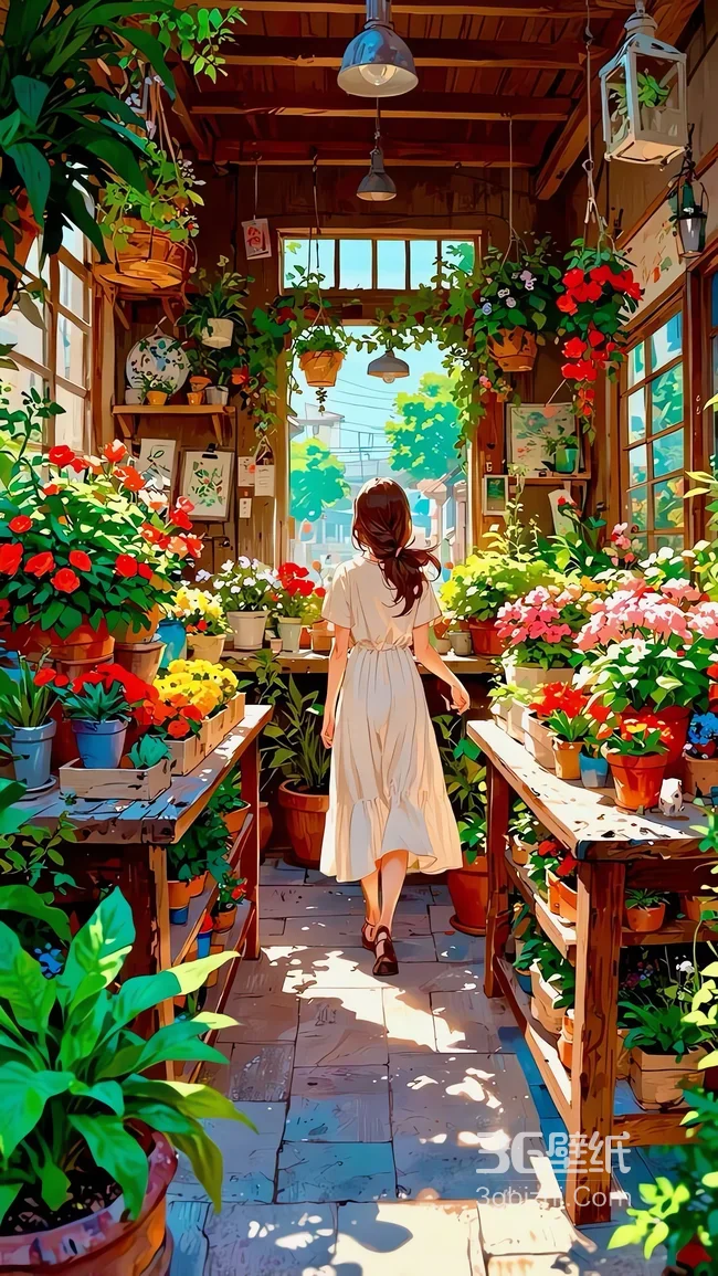 阳光花房里的连衣裙女孩1