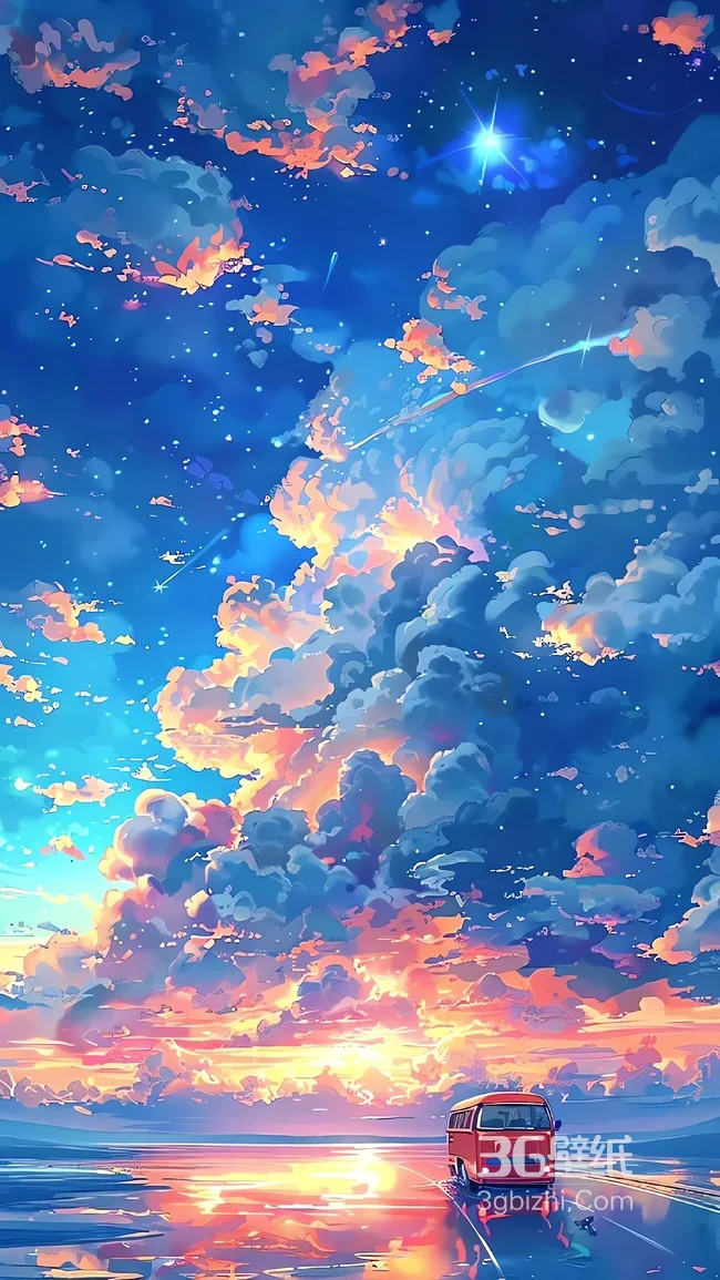晚霞星空下的红色巴士与云朵倒影1