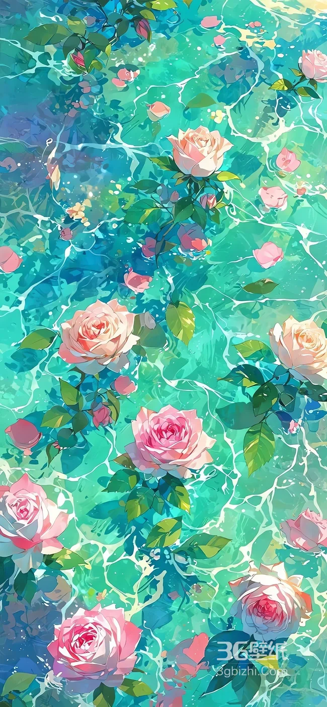 水中粉玫瑰水彩风清新治愈唯美壁纸1