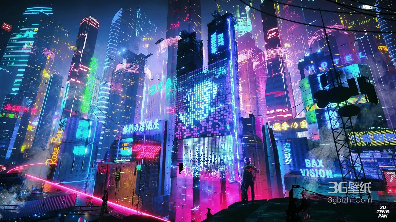 赛博朋克都市霓虹夜景行人概念壁纸1