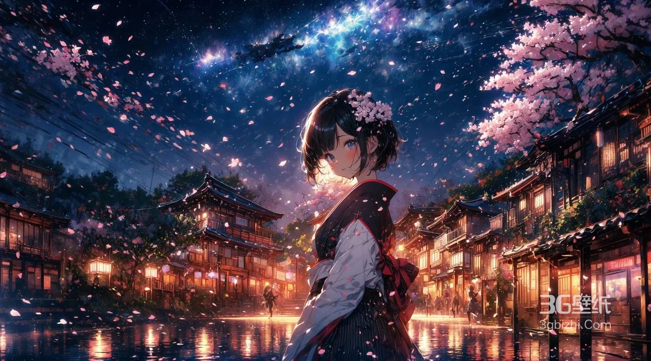 樱花星空下的古风街道和服少女壁纸1