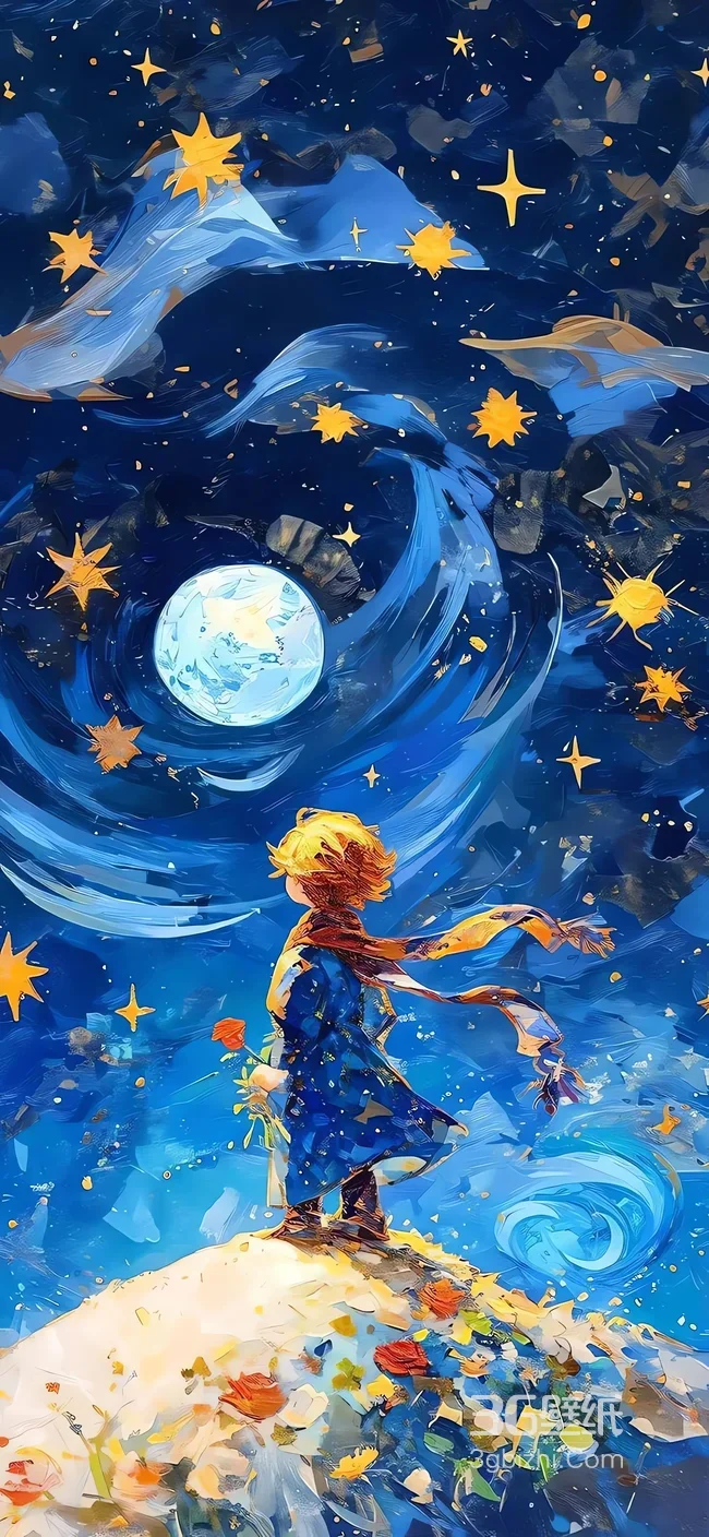 小王子星空下眺望梵高风格插画1