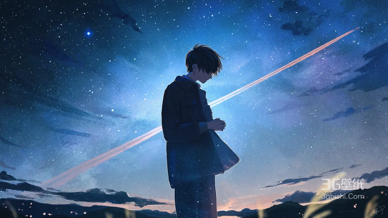 日漫《我的名字》星空下的少年 动漫风格草地夜景1