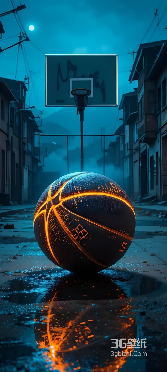 雨夜老街篮球与篮筐倒影1