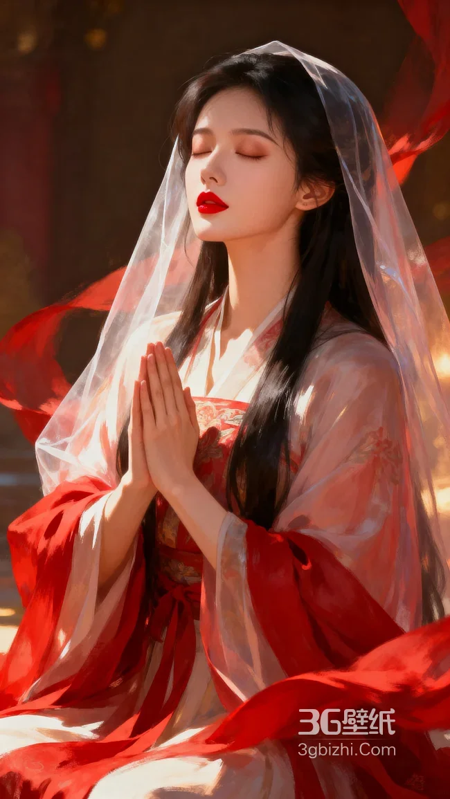 古风汉服女子红纱祈福写真1