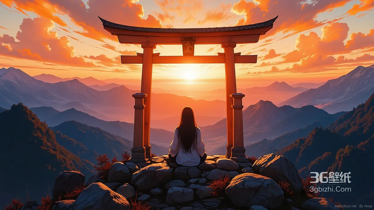 夕阳鸟居女性背影山脉插画1