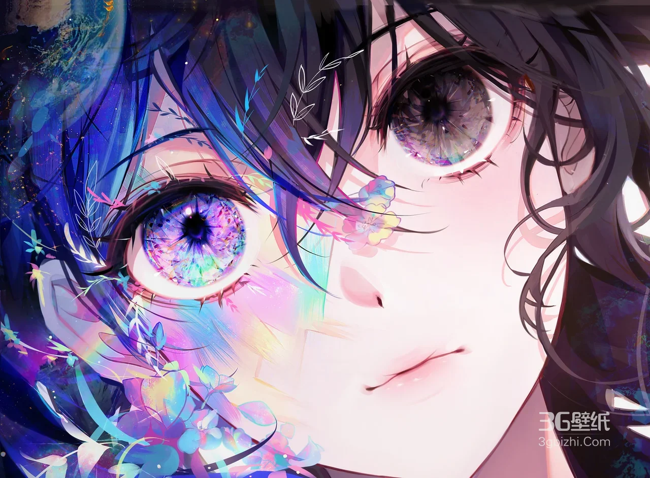 蓝发紫眼动漫少女插画1