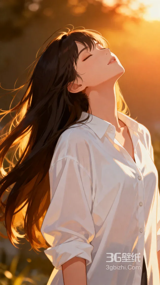夕阳下闭眼长发女生唯美背影图1