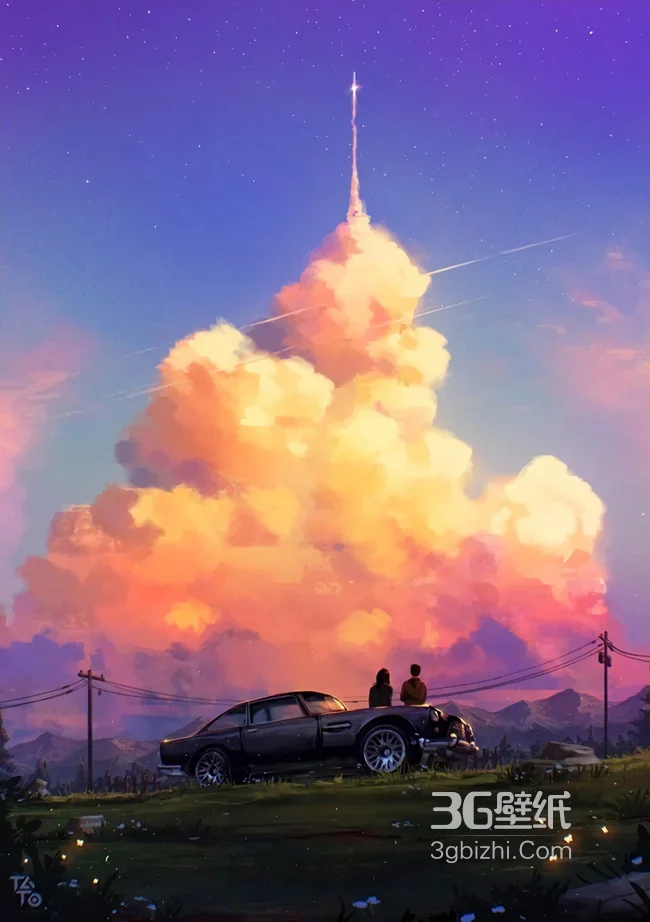 两人坐复古车望火箭橙云插画1