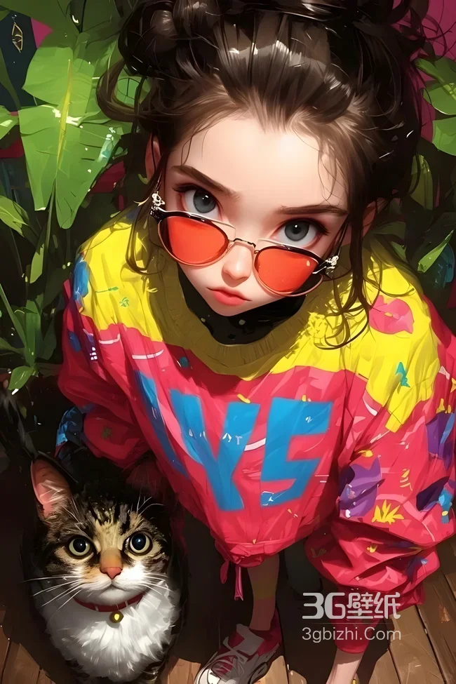 潮酷女孩与萌猫绿植旁插画1