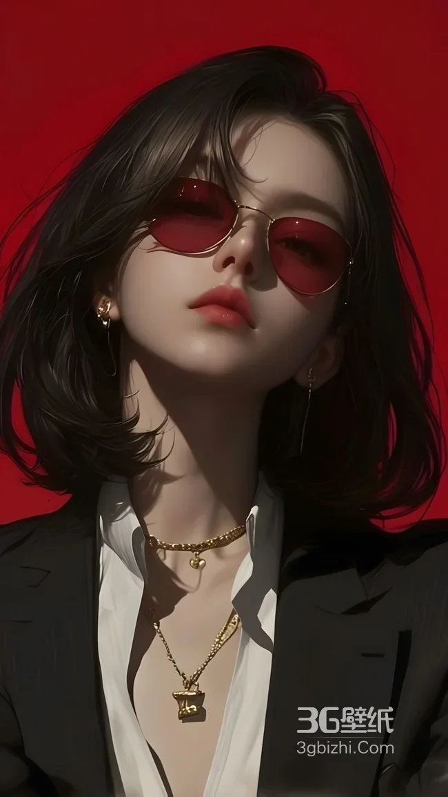 红镜红唇黑西装短发女性时尚人像1