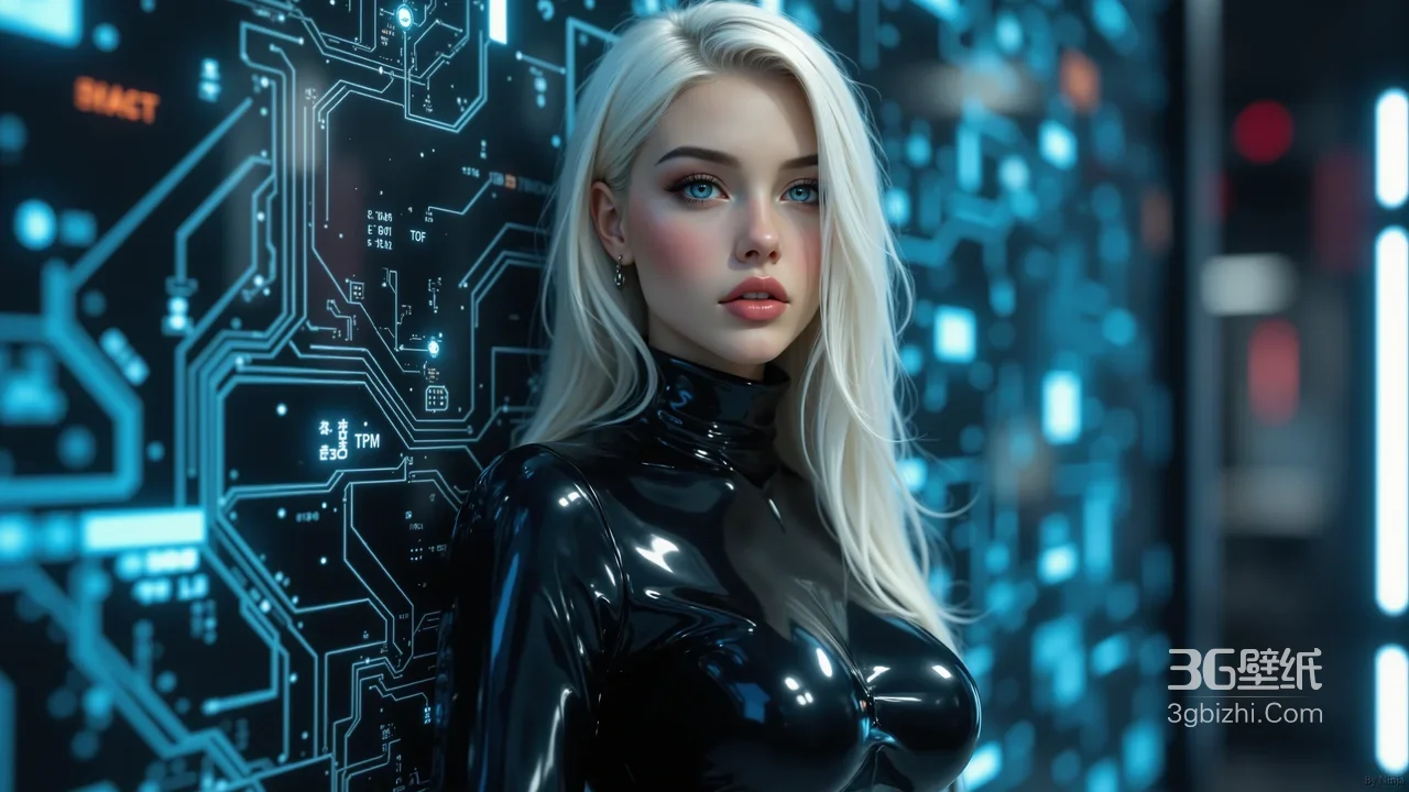金发女性赛博朋克科技电路板背景壁纸-AI创作1