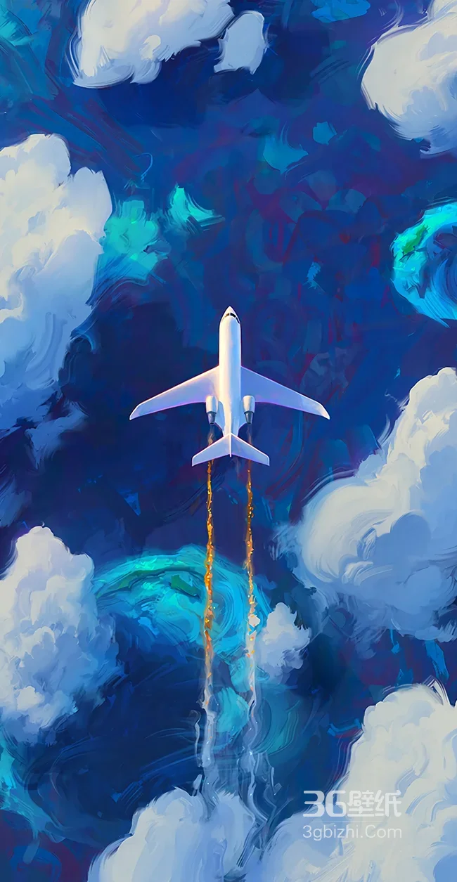 银翼飞机穿破云海油画插画风景1