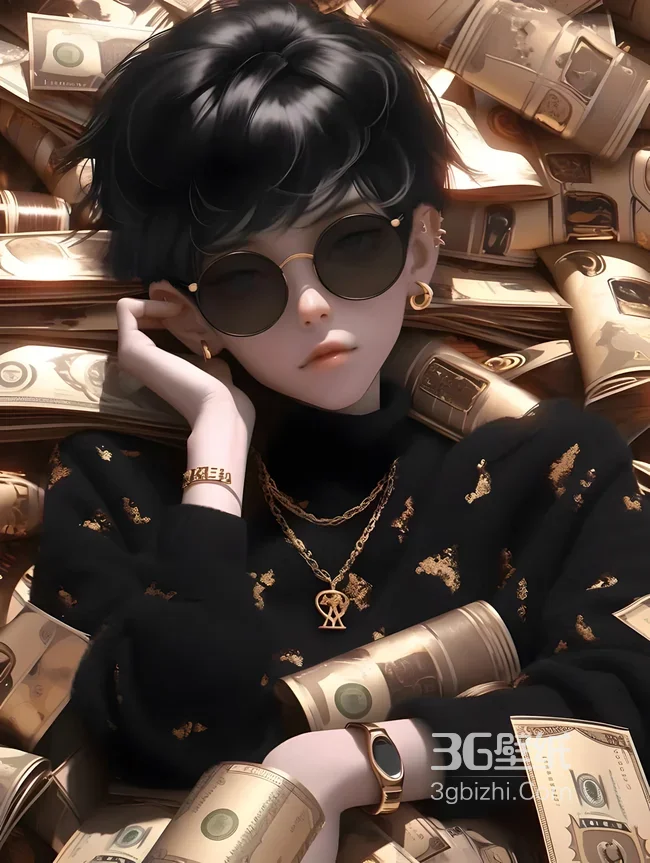 黑金系人物慵懒躺卧钞票堆特写1