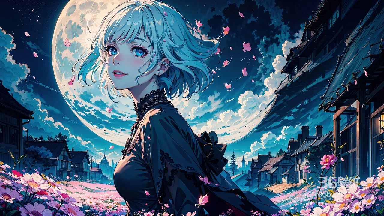 月下蓝发少女 古风小镇动漫场景壁纸1