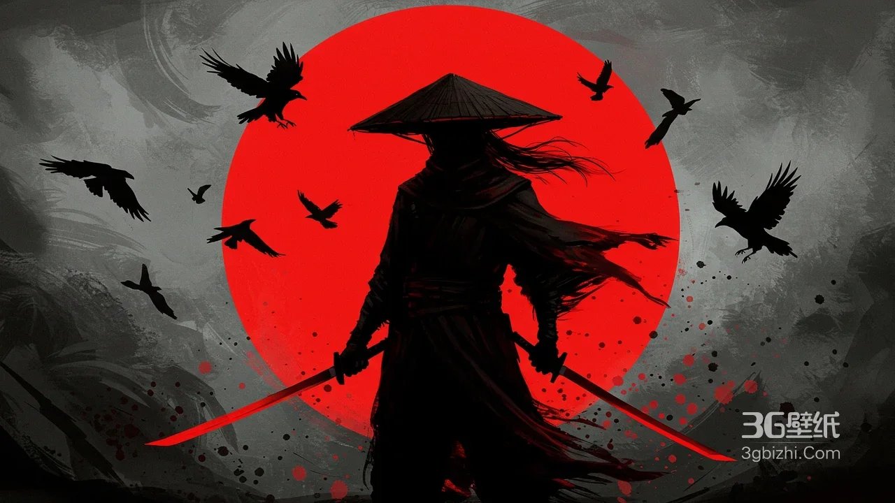 水墨风武士红太阳乌鸦剪影1