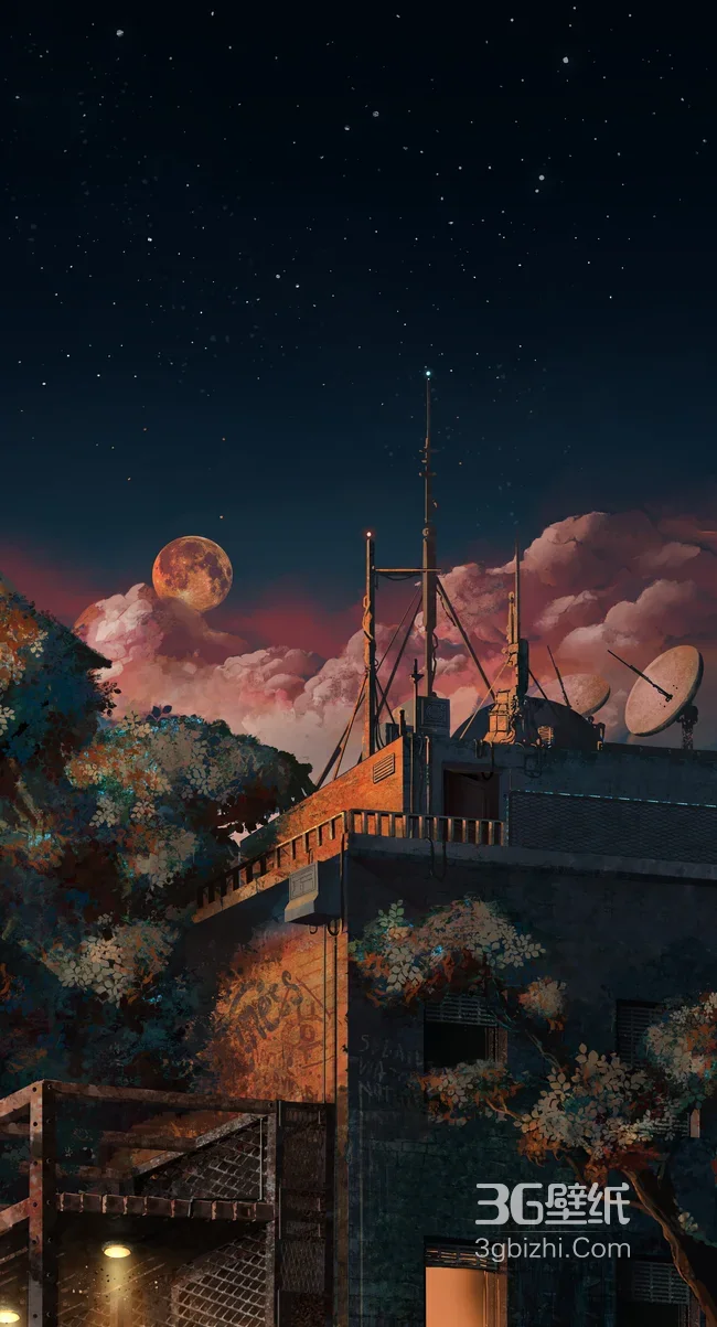 旧楼夜望红月星空图1