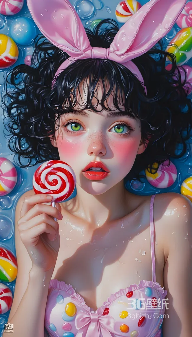 粉兔耳绿瞳少女持棒棒糖糖果浴写真1