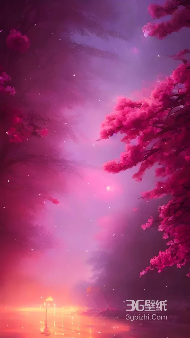 梦幻粉樱夜湖星影小亭图1