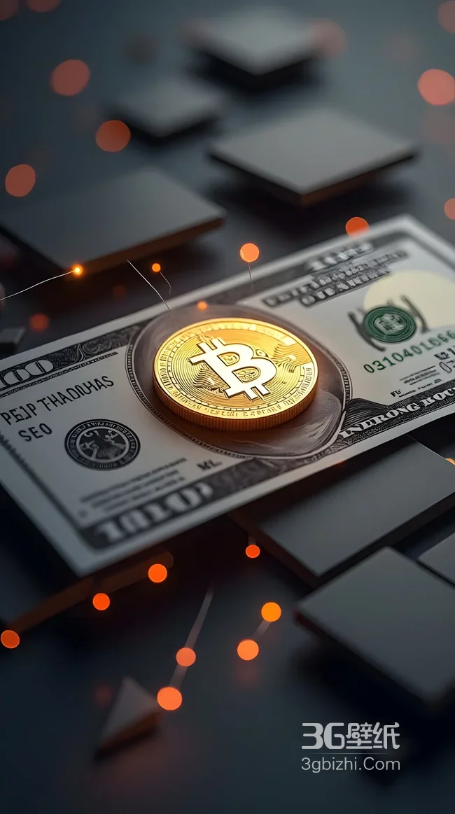 比特币金币置于美元纸币上 黑色方块背景橙光点缀1