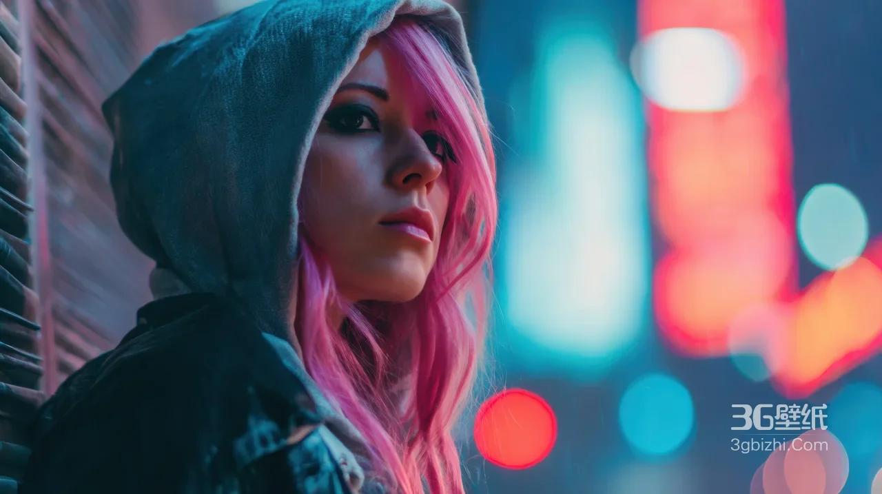 粉发少女 霓虹街道夜景1
