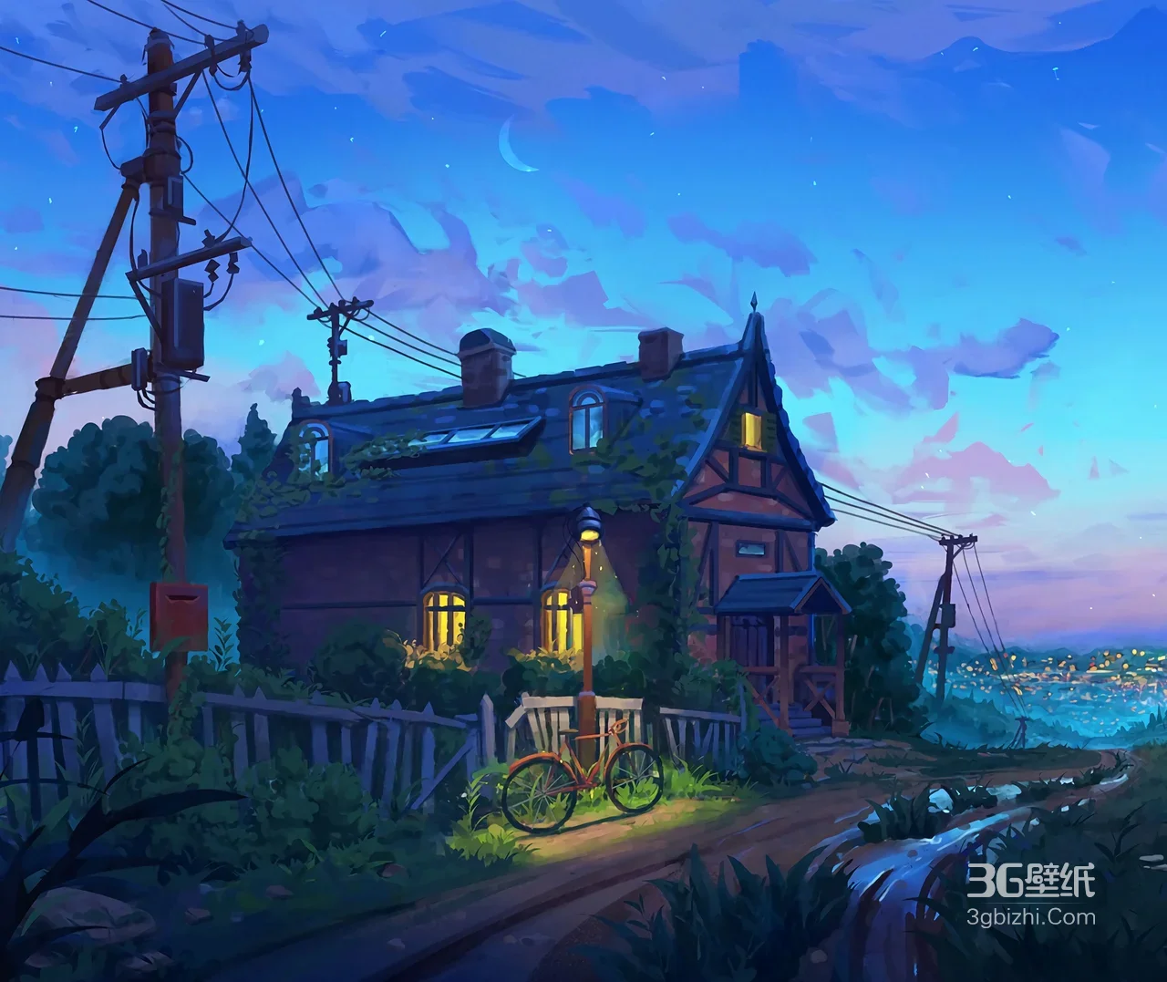 月夜乡村小屋与自行车风景1