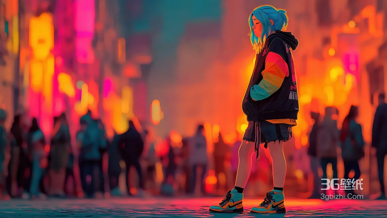 赛博朋克蓝发少女霓虹街头场景1