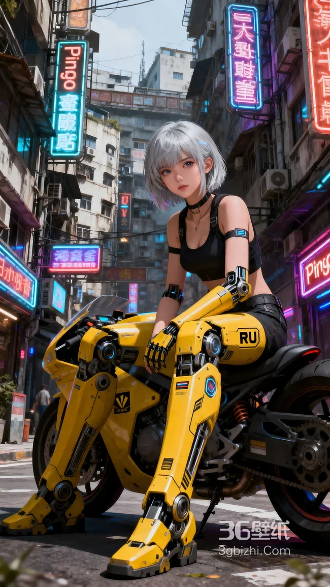 赛博朋克街巷银发机械臂少女与黄色摩托-AIGC1