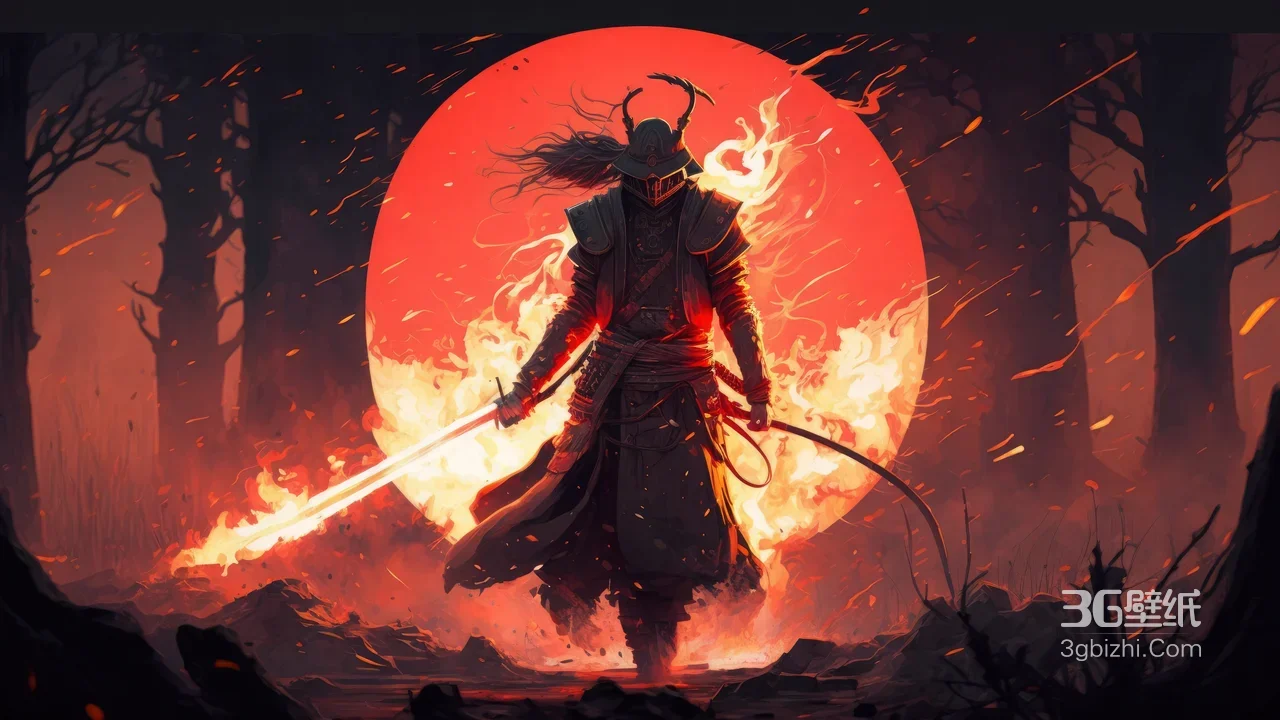 月下焰刃武士 枯林猩红背景1