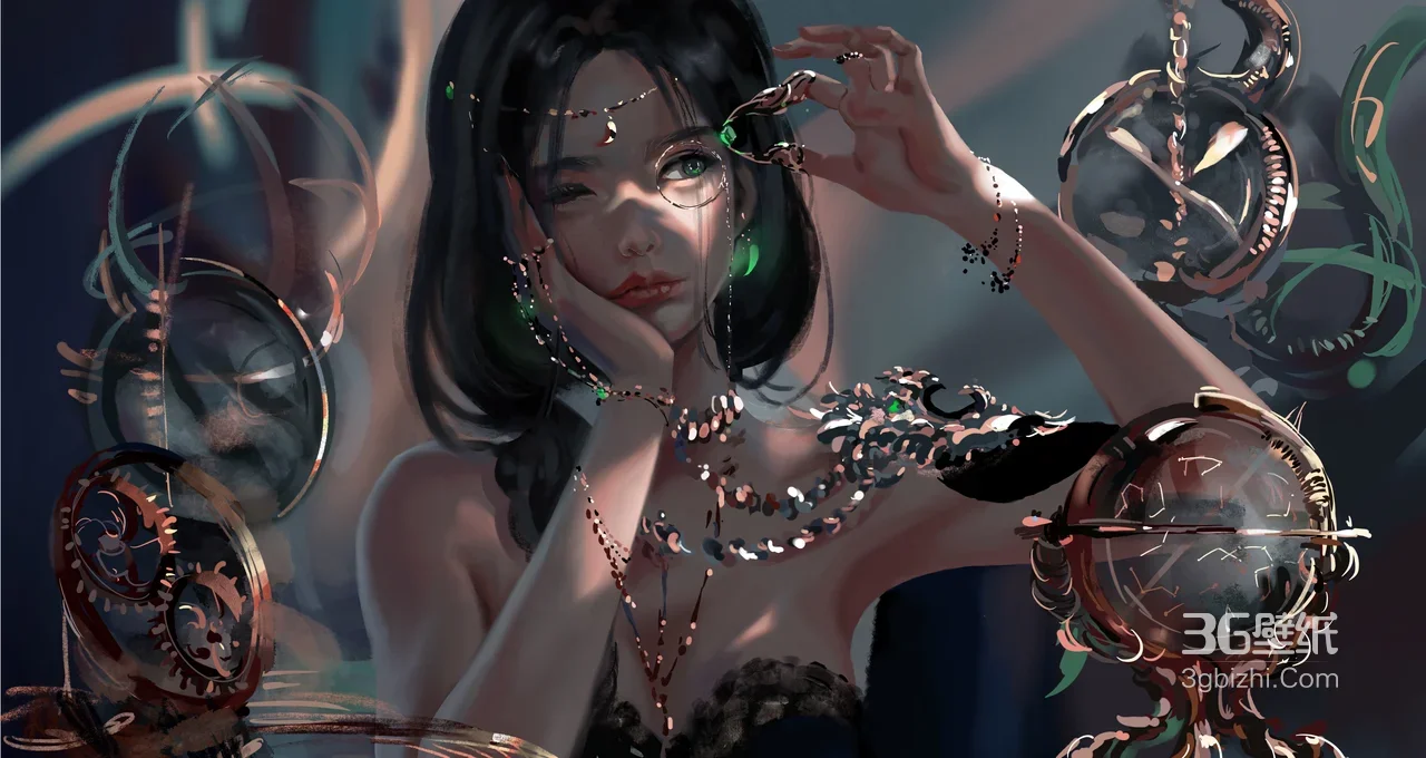 wlop作品绿瞳黑裙少女与机械齿轮奇幻插画1