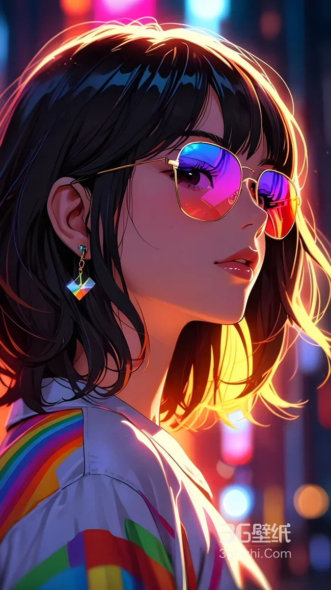 霓虹短发女插画 彩虹墨镜赛博风1