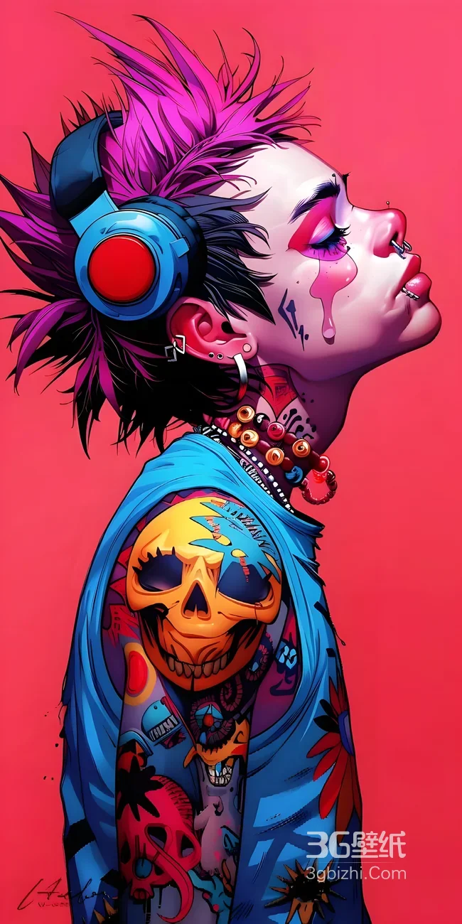 朋克少女粉背景骷髅纹身插画1