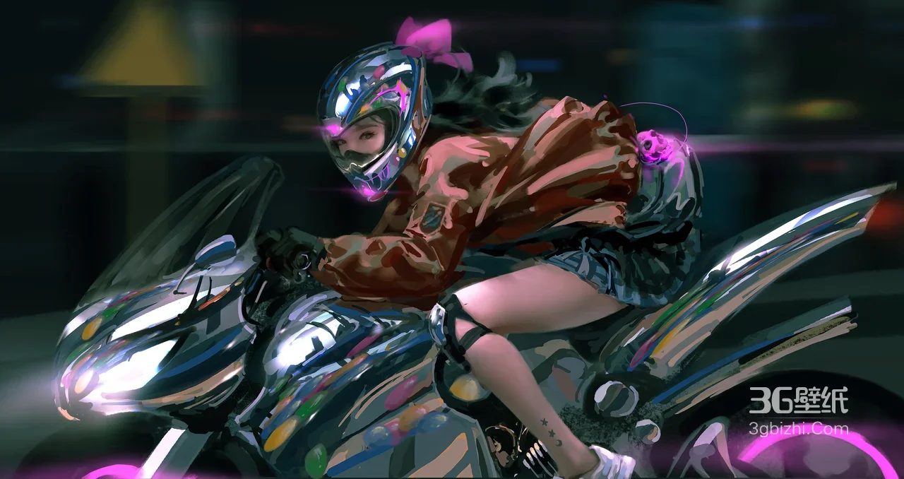 wlop作品赛博少女夜城霓虹摩托飞驰1