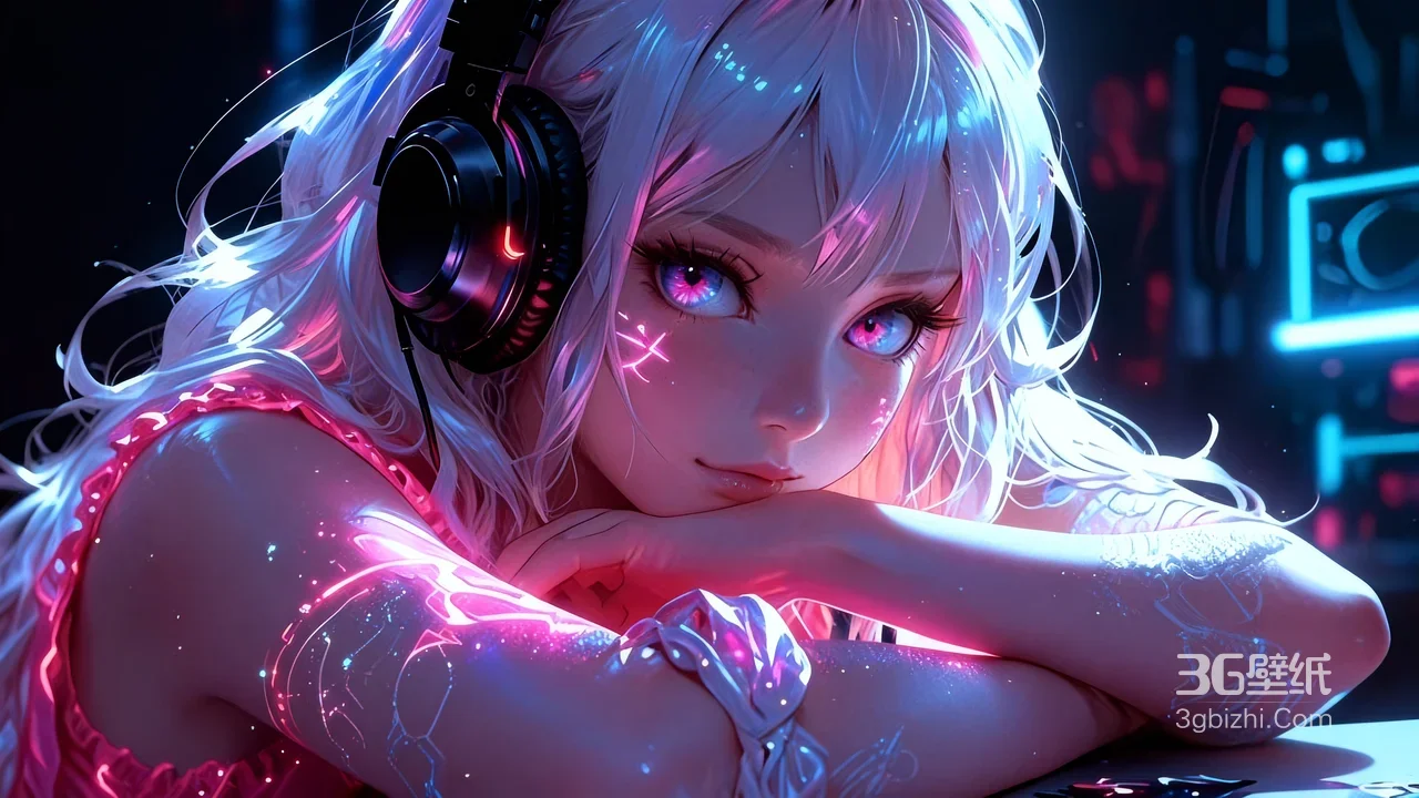 赛博朋克白发耳机少女霓虹夜1
