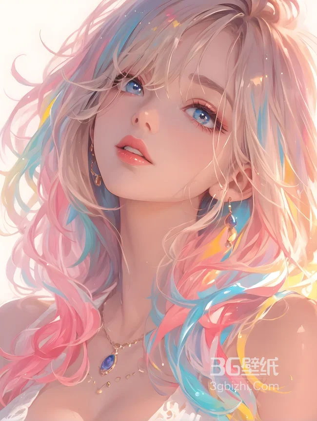 彩虹发少女 梦幻插画 柔和光影-AIGC1