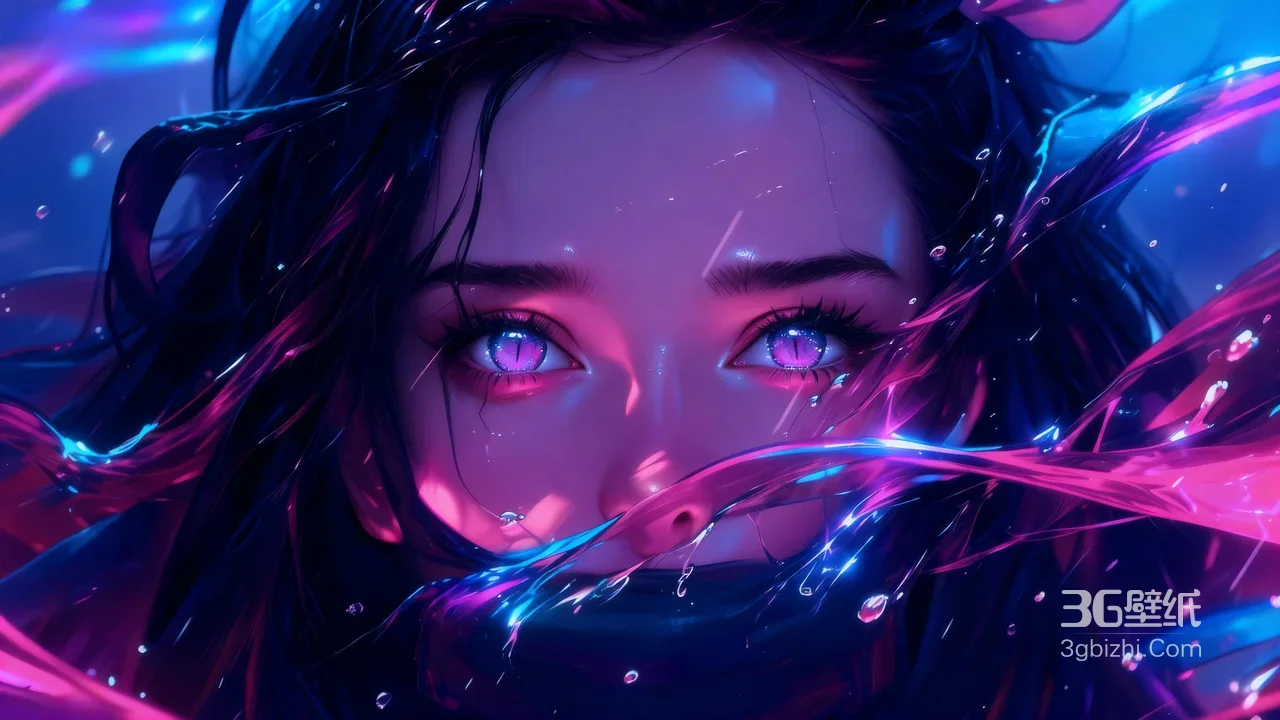 霓虹赛博少女插画 梦幻流光背景1