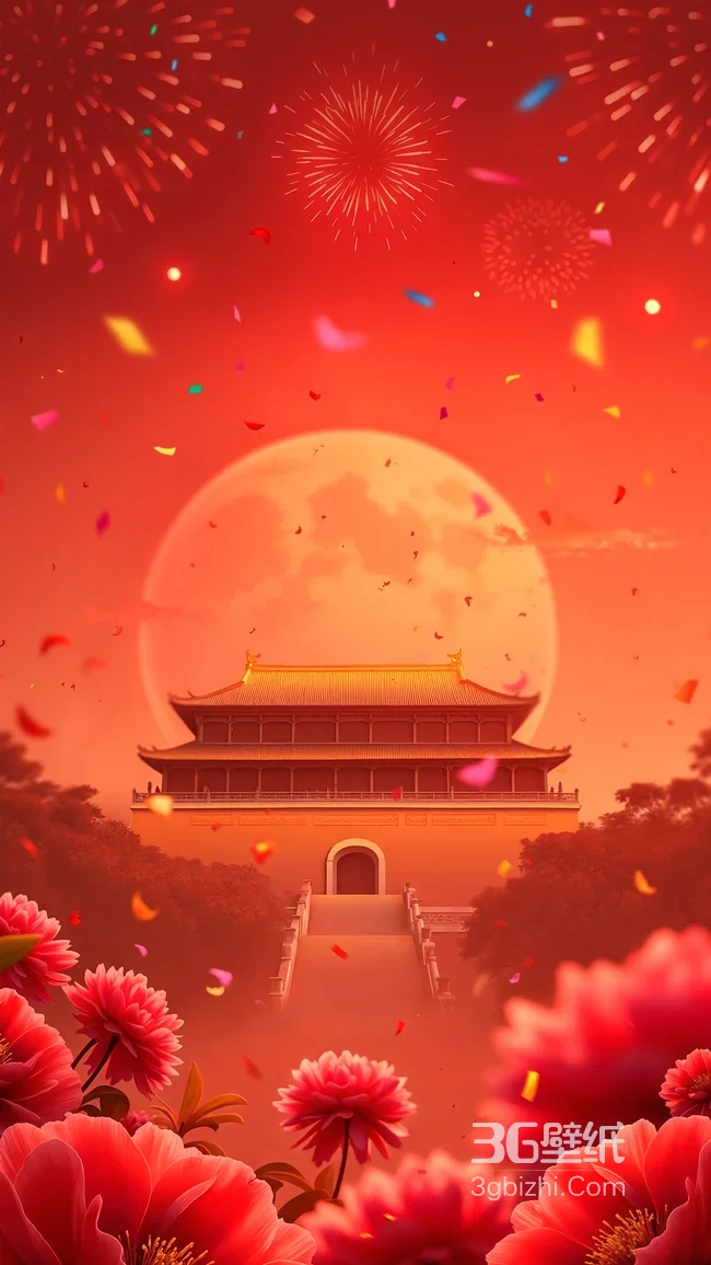 天安门城楼满月烟花夜 红色牡丹中国风1