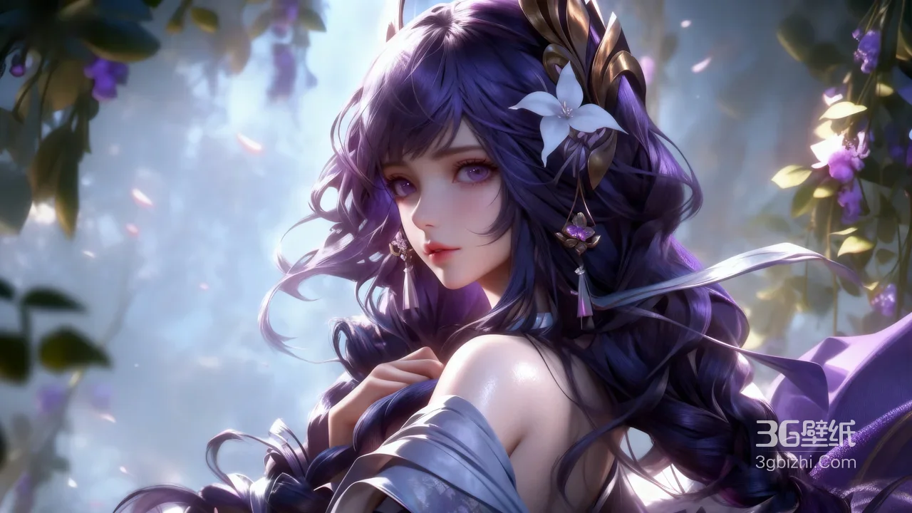 紫发花饰古风少女林间藤蔓光影1