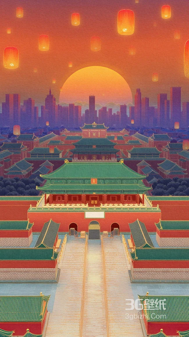 故宫落日古风插画 红墙绿瓦与城市天际线孔明灯夜景1